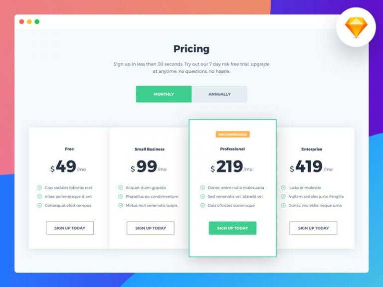 Free Pricing Table for Sketch