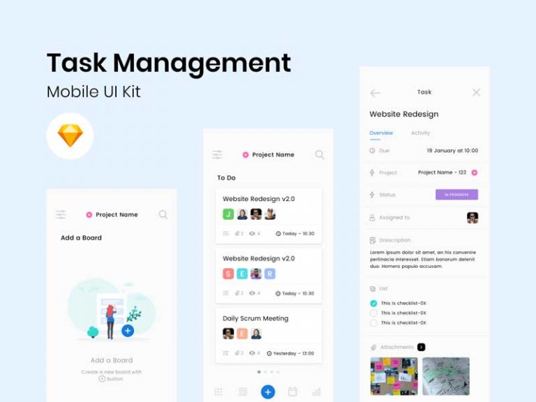 Task Management Free App UI Kit fir Sketch