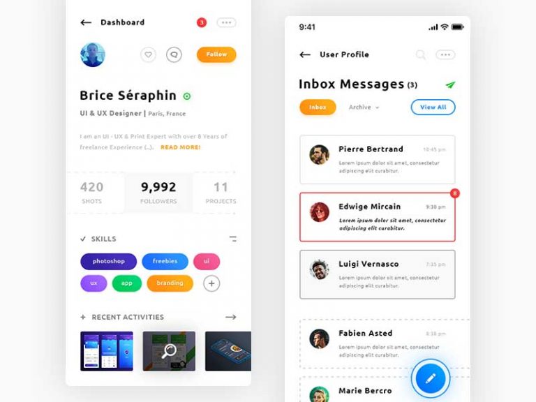 Free User Profile & Inbox Messages App UI