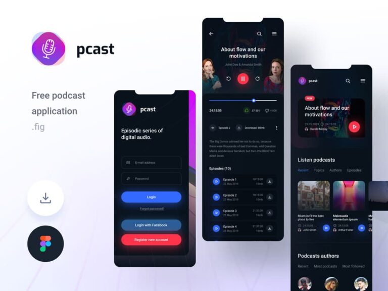 Free Mobile Podcast App UI Kit