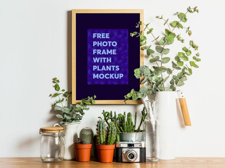 Free Photo Frame with Plants Mockup