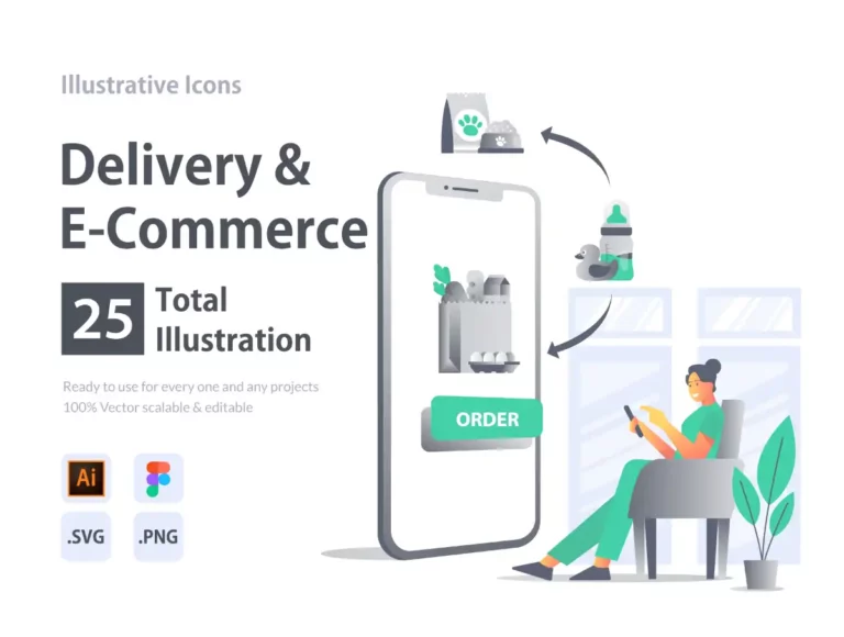 Free Delivery & E-Commerce Illustrative Icons